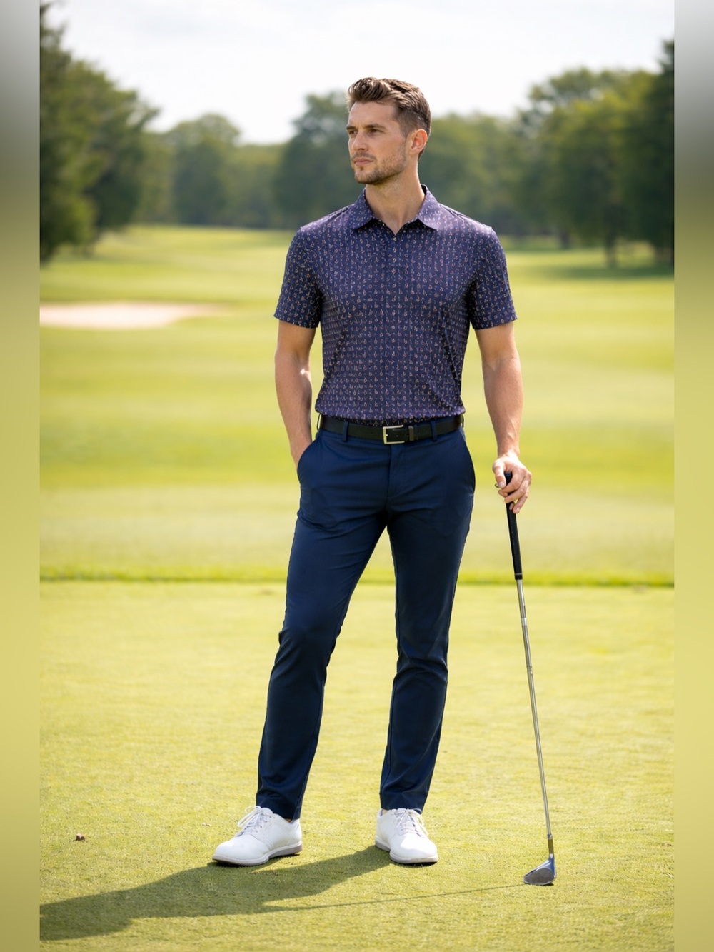 RHÔNE Rhoback Golden Retriever Dog Print Performance Polo Shirt Navy Blue Large